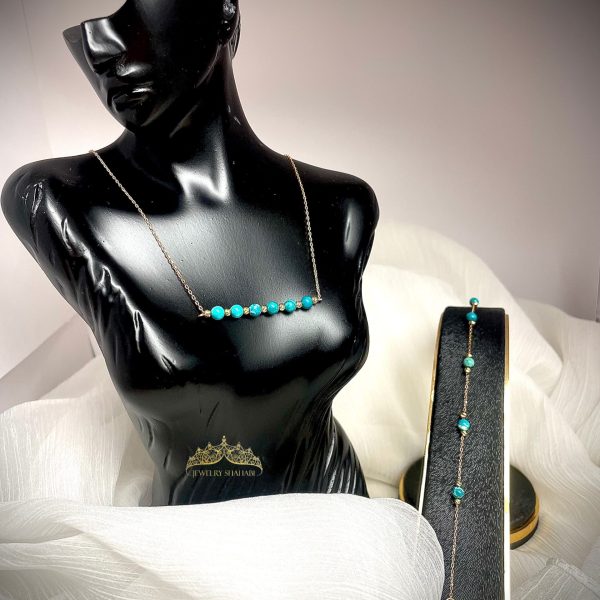 ست گردنبند و دستبند مهره طلا با فیروزه